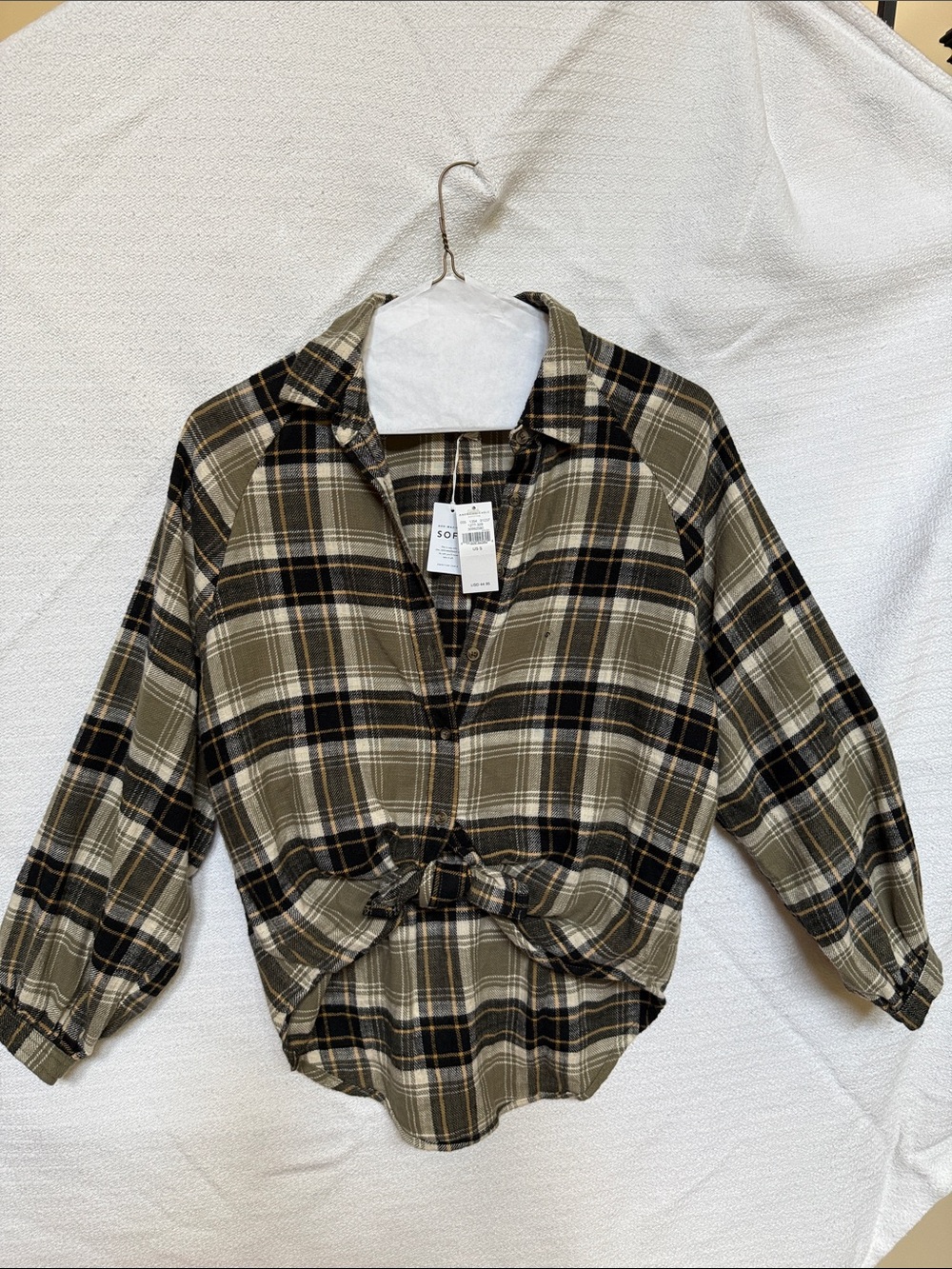 American Eagle Outfitters Olive, Black & Cream Plaid Button-Down Shirt